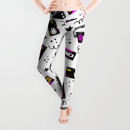 Music player,tape recorder,videotape,movie camera,camera,cassette hand drawn seamless pattern in doodle style.  Leggings