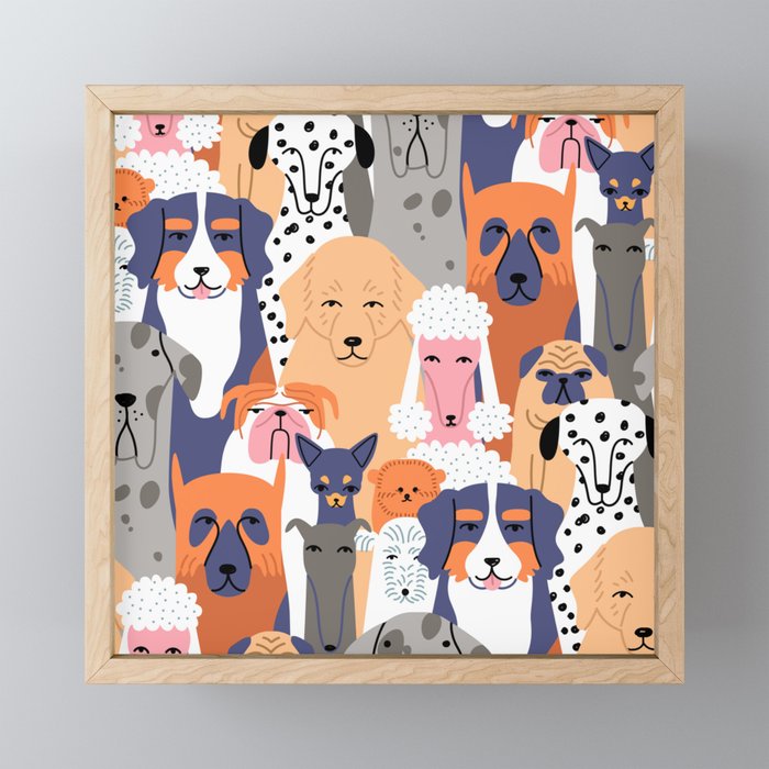 Funny diverse dog crowd character cartoon background Framed Mini Art Print