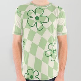 Green Checker Swirl With Flowers All Over Graphic Tee