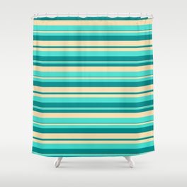 [ Thumbnail: Dark Cyan, Tan & Turquoise Colored Pattern of Stripes Shower Curtain ]
