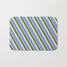 [ Thumbnail: Dark Olive Green, Beige, Cornflower Blue & Grey Colored Lines Pattern Bath Mat ]