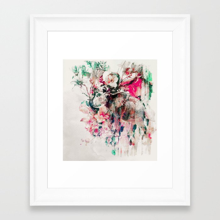 Watercolor Elephant and Flowers Framed Art Print