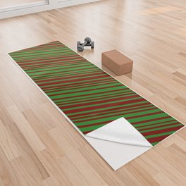 [ Thumbnail: Forest Green and Maroon Colored Lines/Stripes Pattern Yoga Towel ]