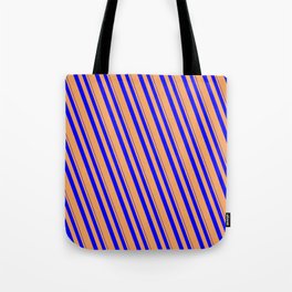 [ Thumbnail: Blue & Brown Colored Lined/Striped Pattern Tote Bag ]
