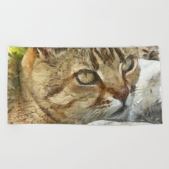 Relaxed Tabby Cat Resting In Garden Beach Towel