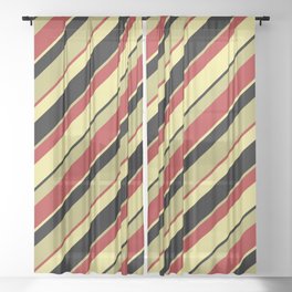 [ Thumbnail: Dark Khaki, Red, Tan, and Black Colored Pattern of Stripes Sheer Curtain ]