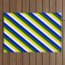 [ Thumbnail: Yellow, Light Cyan, Blue, and Dark Green Colored Lined Pattern Outdoor Rug ]