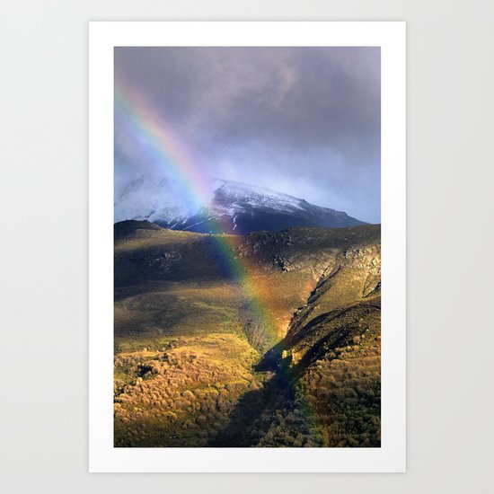 "Rainbow through the snow mountains". Into the storm. Art Print