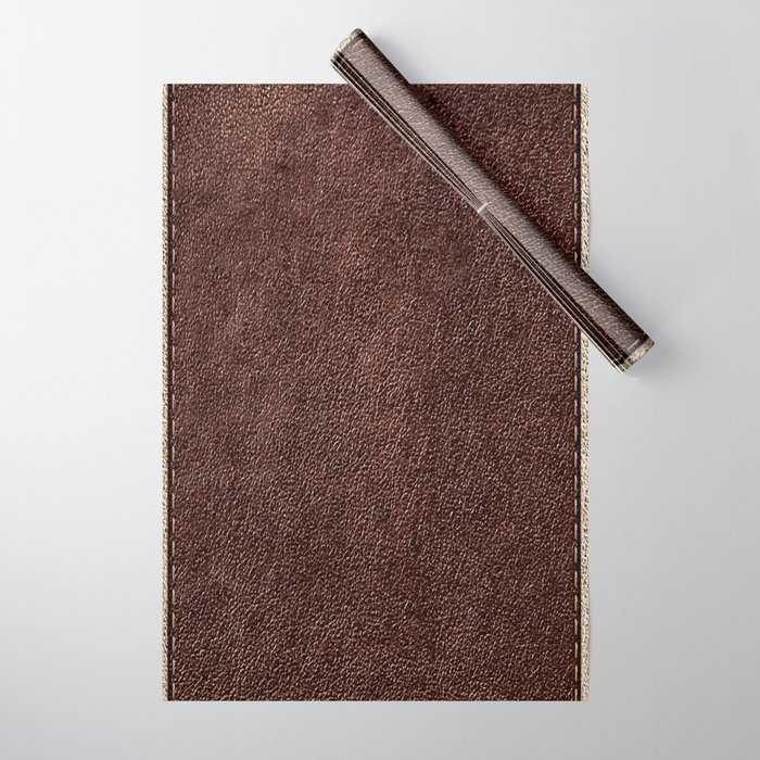 Dark Brown, Beige, Parallel Stitched Leather Effect Wrapping Paper by  koncoapparel