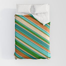 [ Thumbnail: Colorful Tan, Teal, Turquoise, Green, and Chocolate Colored Lines Pattern Comforter ]