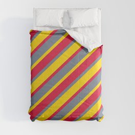 [ Thumbnail: Yellow, Crimson, and Slate Gray Colored Striped Pattern Comforter ]