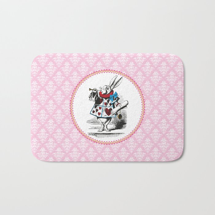 Alice in Wonderland | The Herald of the Court of Hearts | White Rabbit | Pink Damask Pattern | Bath Mat