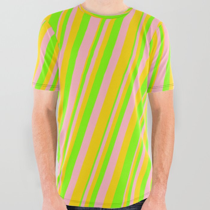 Light Pink, Yellow & Chartreuse Colored Lines Pattern All Over Graphic Tee