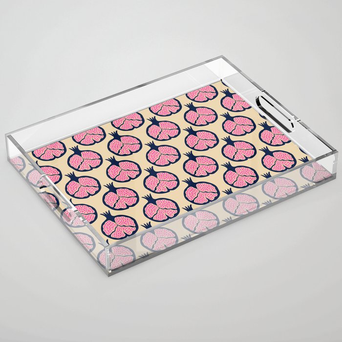 POMEGRANATES in PINK AND DARK BLUE ON SAND Acrylic Tray