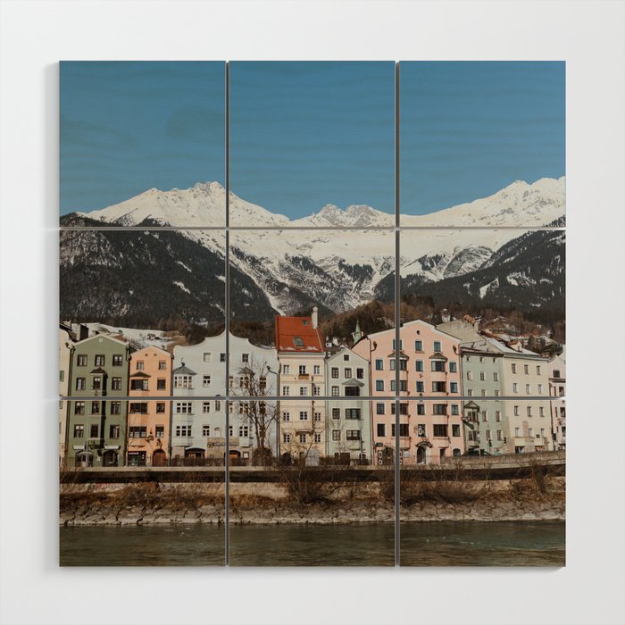 Pastel Houses & Snow mountains, Innsbruck, Austria | Europe Travel print home decor, fine art Wood Wall Art