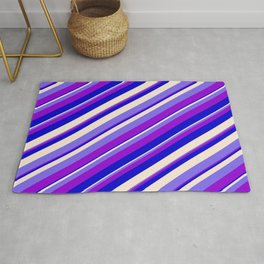 [ Thumbnail: Beige, Medium Slate Blue, Dark Violet & Blue Colored Stripes Pattern Rug ]
