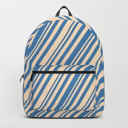 [ Thumbnail: Bisque & Blue Colored Stripes/Lines Pattern Backpack ]