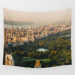 New York City Manhattan skyline and Central Park aerial view at sunset Wall Tapestry