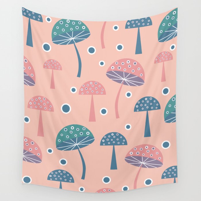 Dancing mushrooms in pink Wall Tapestry