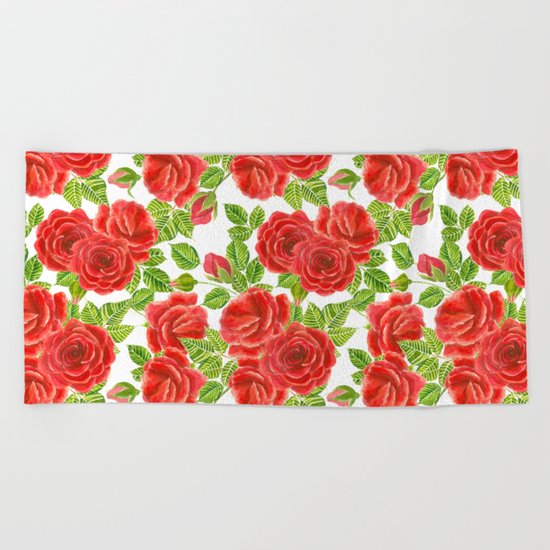 Red roses watercolor seamless pattern Beach Towel