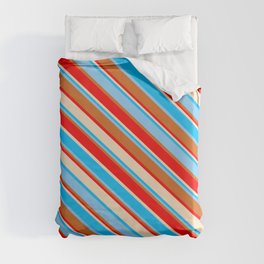 [ Thumbnail: Vibrant Deep Sky Blue, Light Sky Blue, Chocolate, Red & Bisque Colored Striped/Lined Pattern Duvet Cover ]
