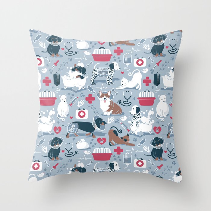 Veterinary medicine, happy and healthy friends // pastel blue background Throw Pillow