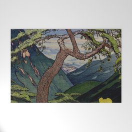 The Downwards Climbing - Summer Tree & Mountain Ukiyoe Nature Landscape in Green Welcome Mat