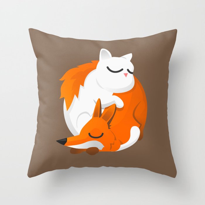 Fox and cat Throw Pillow