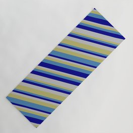 [ Thumbnail: Dark Khaki, Blue, Dark Blue & Grey Colored Lines/Stripes Pattern Yoga Mat ]