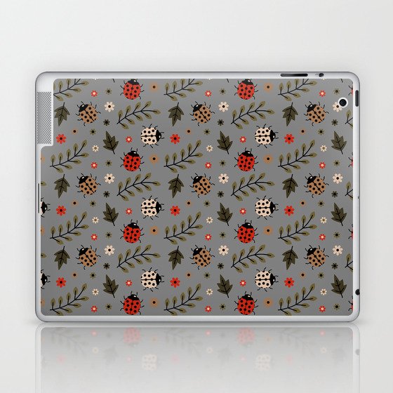 Ladybug and Floral Seamless Pattern on Grey Background Laptop & iPad Skin