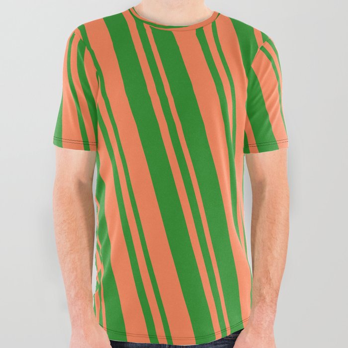 Forest Green & Coral Colored Lines Pattern All Over Graphic Tee