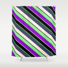 [ Thumbnail: Vibrant Light Green, Dark Slate Gray, Dark Violet, Beige, and Black Colored Lined/Striped Pattern Shower Curtain ]
