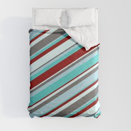 [ Thumbnail: Eyecatching Dim Grey, Light Blue, Turquoise, Dark Red, and Light Cyan Colored Lines Pattern Comforter ]
