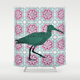 Sandpiper bird walking on a pink and turquoise mandala paisley explosion pattern Shower Curtain