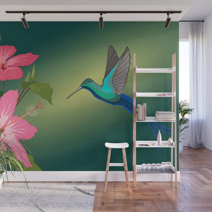 Colorful Hummingbird on Hibiscus Flower Wall Mural