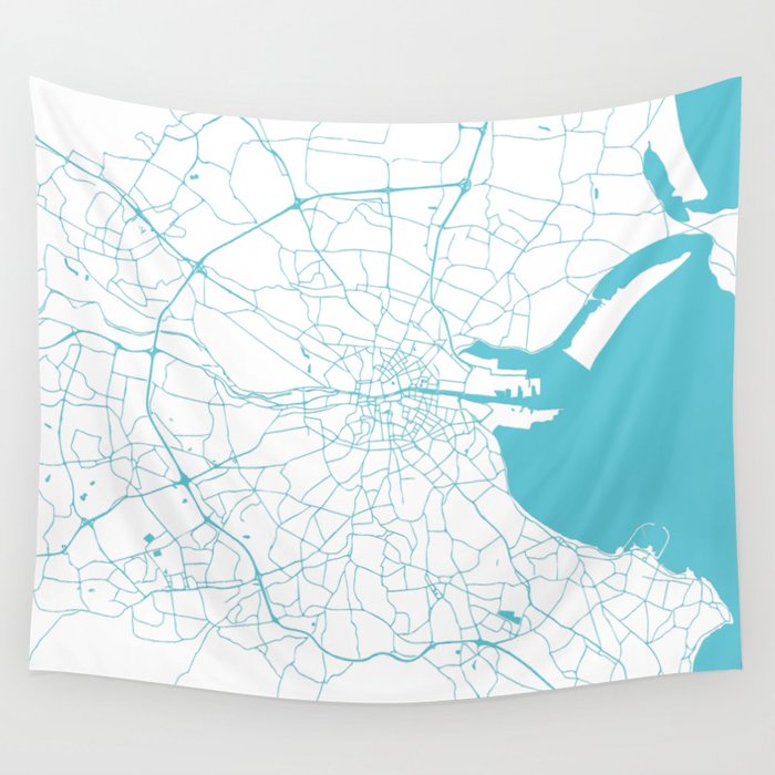 White on Turquoise Dublin Street Map Wall Tapestry