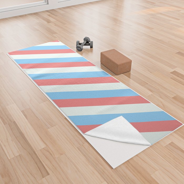 Light Sky Blue, Light Coral, and Mint Cream Colored Lined Pattern Yoga Towel