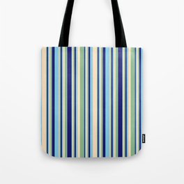 [ Thumbnail: Bisque, Dark Sea Green, Midnight Blue, and Sky Blue Colored Stripes Pattern Tote Bag ]