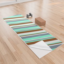[ Thumbnail: Light Slate Gray, Aquamarine, Brown & Mint Cream Colored Stripes/Lines Pattern Yoga Towel ]