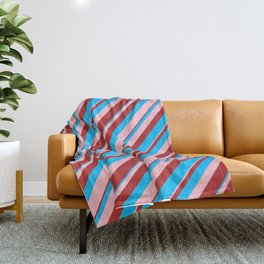 [ Thumbnail: Deep Sky Blue, Pink, and Red Colored Lined/Striped Pattern Throw Blanket ]