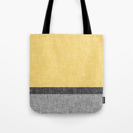 Yellow Grey and Black Section Stripe and Graphic Burlap Print Tote Bag