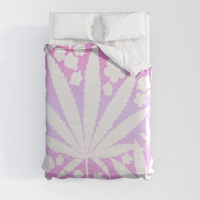 Modern Retro Cannabis And Spring Flowers Pink Purple Haze Ombre Hippy Boho Botanical Leaves Pattern Duvet Cover