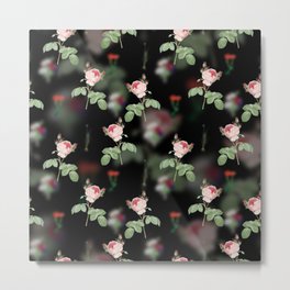 Vintage Pink Cabbage Rose Floral Garden Pattern on Black 2083 Metal Print | Vintage, Pattern, Nature, Plants, Leaf, Floral, Flower, Tropical, Garden, Painting 