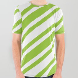 [ Thumbnail: Green and White Colored Striped Pattern All Over Graphic Tee ]