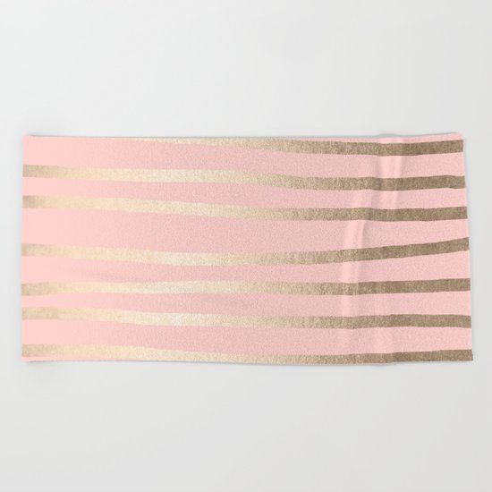 Abstract Drawn Stripes Gold Coral Light Pink Beach Towel