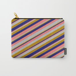 [ Thumbnail: Light Coral, Grey, Dark Goldenrod & Midnight Blue Colored Lines Pattern Carry-All Pouch ]
