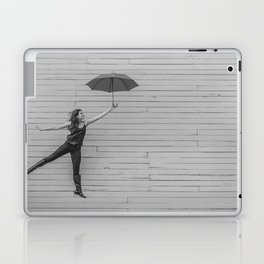 On the way to the break of day; woman flying with umbrella confidence inspirational female black and white photograph - photography - photographs Laptop Skin