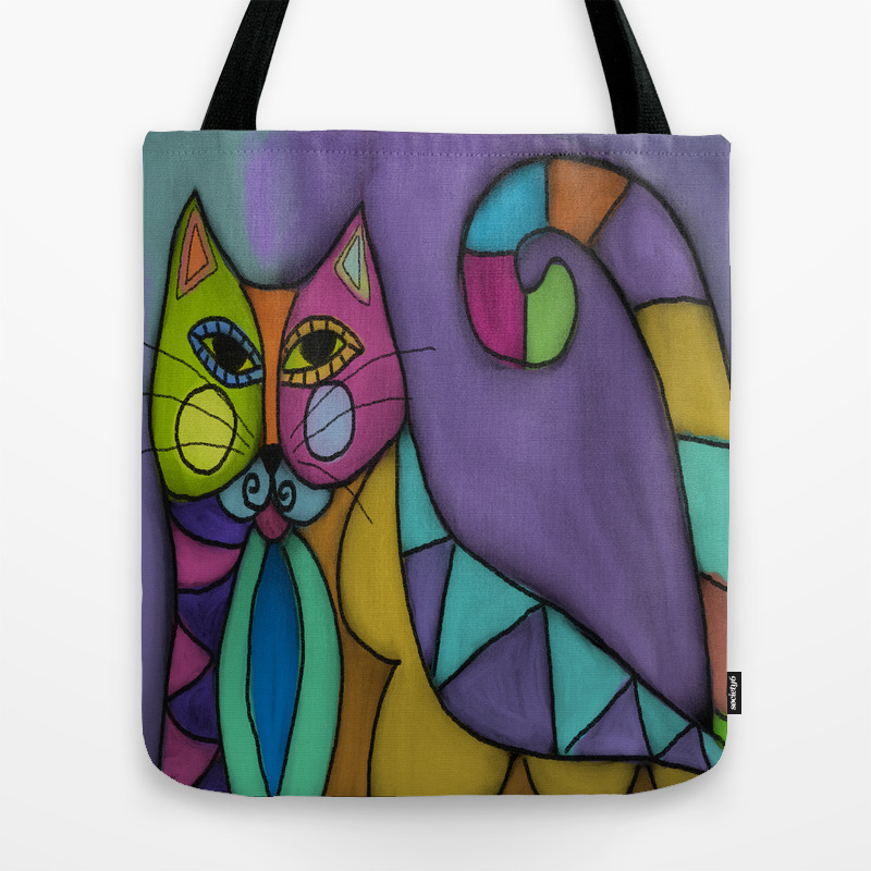 Cat Of Many Colors Abstract Digital Painting Tote Bag By