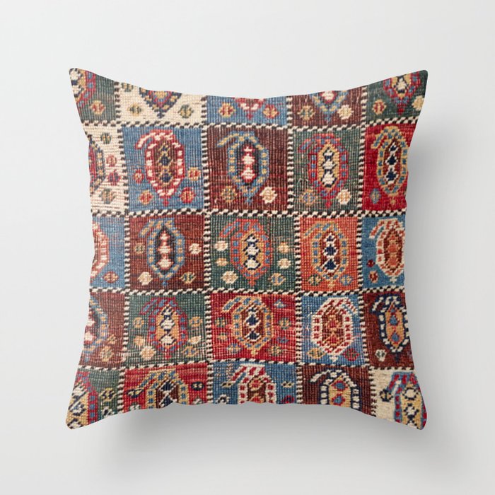 Checkerboard Persian Fars 19th Century Authentic Colorful Brown Red Green Vintage Patterns Throw Pillow