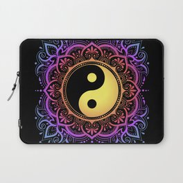 Color Circular pattern in form of mandala with ancient hand drawn symbol Yin-yang. Rainbow design on black background. Laptop Sleeve